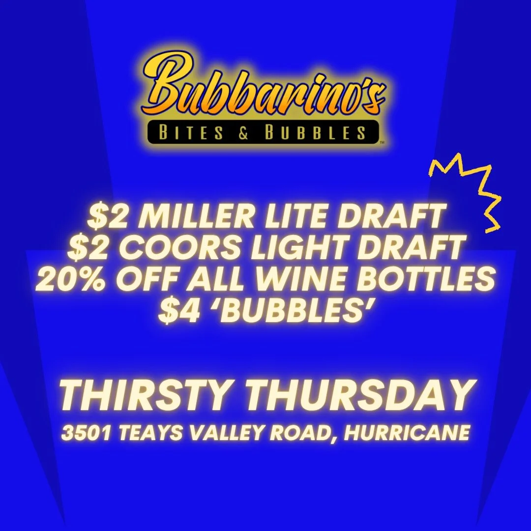 Every Thursday at Bub&rsquo;s is Thirsty Thursday! 🍻

📍 3501 Teays Valley Road, Hurricane 
💻 Order online - bubbarinos.com 
📞 Call now - 304.397.6037
