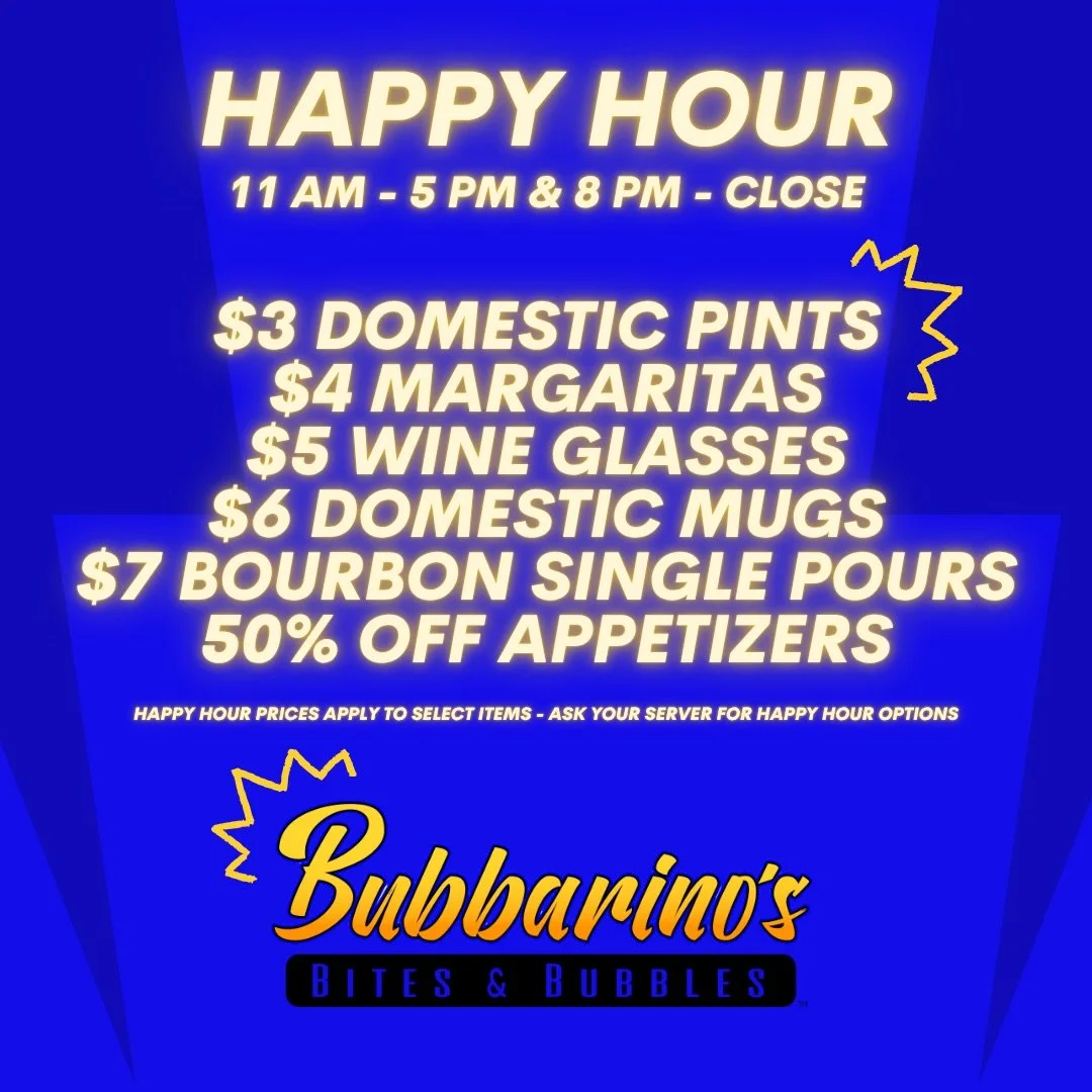 🔥 UPDATED HAPPY HOUR 🔥

Starting today, we have new Happy Hour Deals! Come see us! 😎

🚨 HAPPY HOUR ITEMS 🚨
Bud Select Draft
Busch Light Draft
Coors Light Draft
Garage Beer Lime Draft
Miller Lite Draft
House Margaritas on the Rocks
All Wine Glass