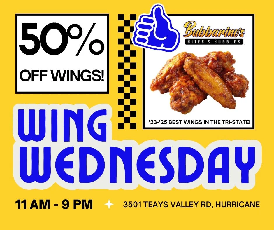 Wednesdays at Bub&rsquo;s! 🍗

📍 3501 Teays Valley Road, Hurricane 
💻 Order online - bubbarinos.com 
📞 Call now - 304.397.6037
