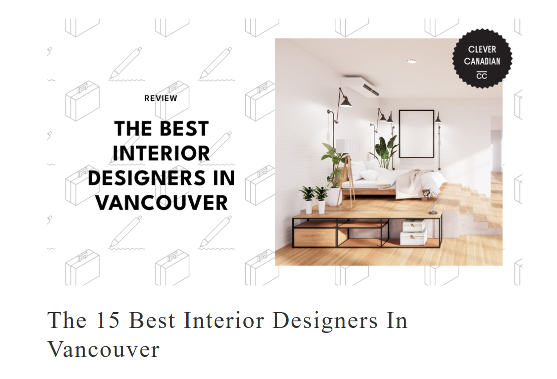 Cover image of an interior design review article featuring a modern bedroom with white walls, wooden flooring, a white bed, plants, and black lighting fixtures. Text overlay: "Review: The Best Interior Designers in Vancouver."