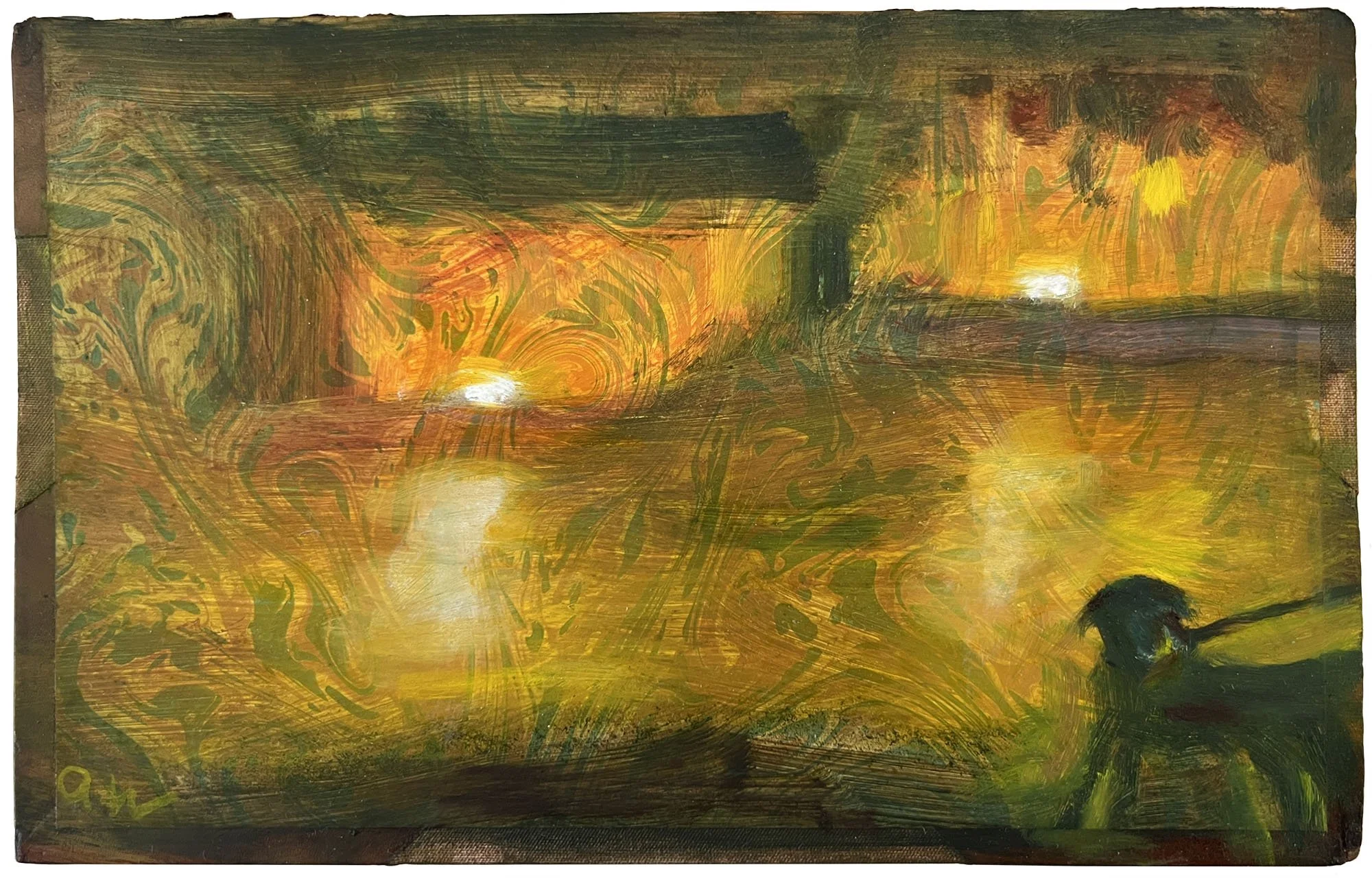 Dog Crossing Street, Madrid,
Oil on book cover.  5x9in.,
2025
