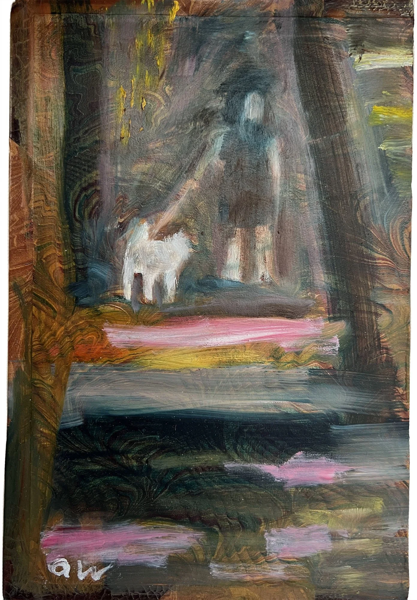 Dog Walker, Madrid,
Oil on book cover.
7x5in.,
2025
