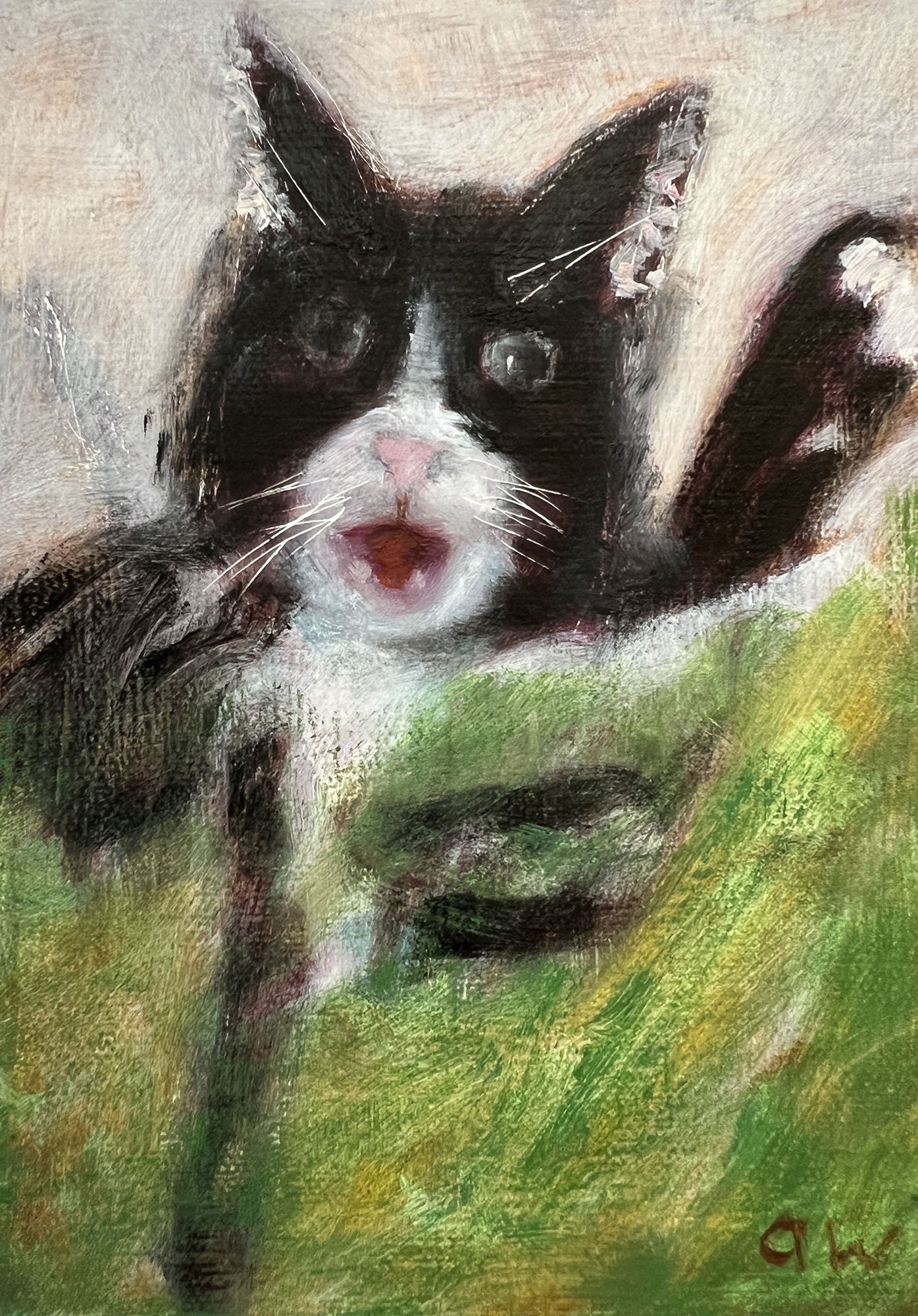 Meow,
Oil on wood.
8x6in.,
2026
