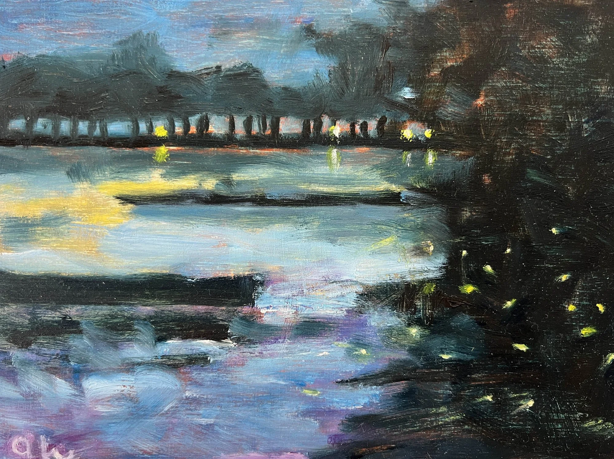 Fireflies
Sloop Club Pier,
Oil on wood.
6x8in.,
2026
