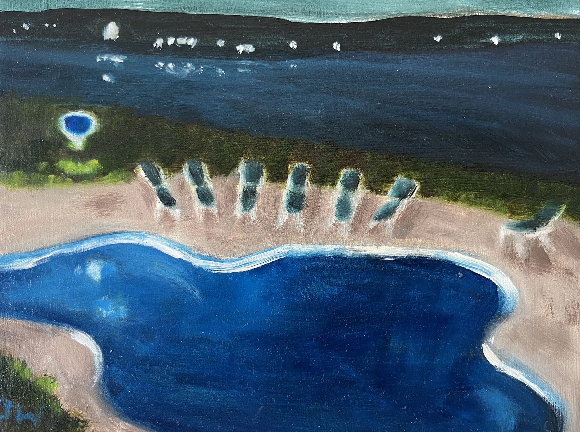 Hotel Pool,
Oil on book cover.
5x7in.,
2026
