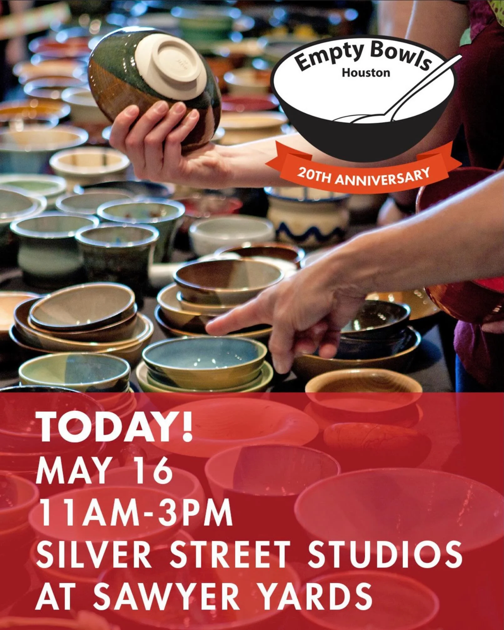 The 20th Annual Empty Bowls Houston takes place today, Saturday, May 16, 2026. Hosted at Silver Street Studios at Sawyer Yards (2000 Edwards St.) from 11 a.m. to 3 p.m., the grassroots event lets attendees buy beautiful handmade bowls to raise funds 