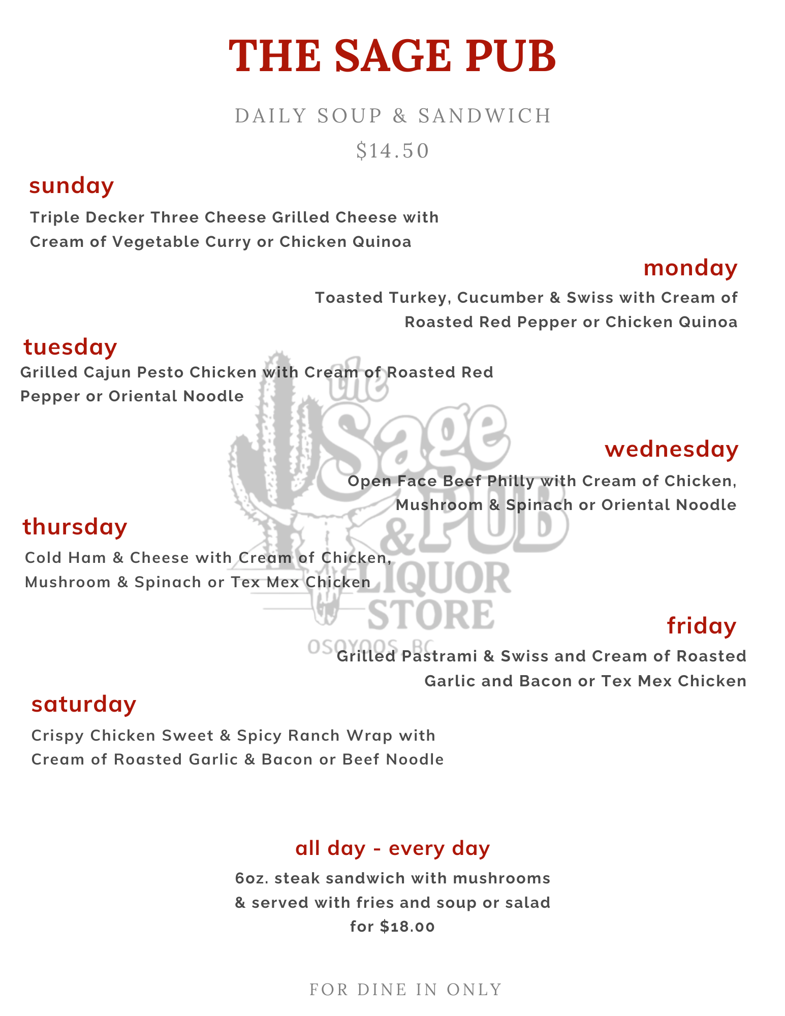 Weekly lunch and dinner menu at The Sage Pub featuring daily specials, including soups, sandwiches, and entrees such as grilled cheese, turkey, beef, chicken, and pork, with prices listed.