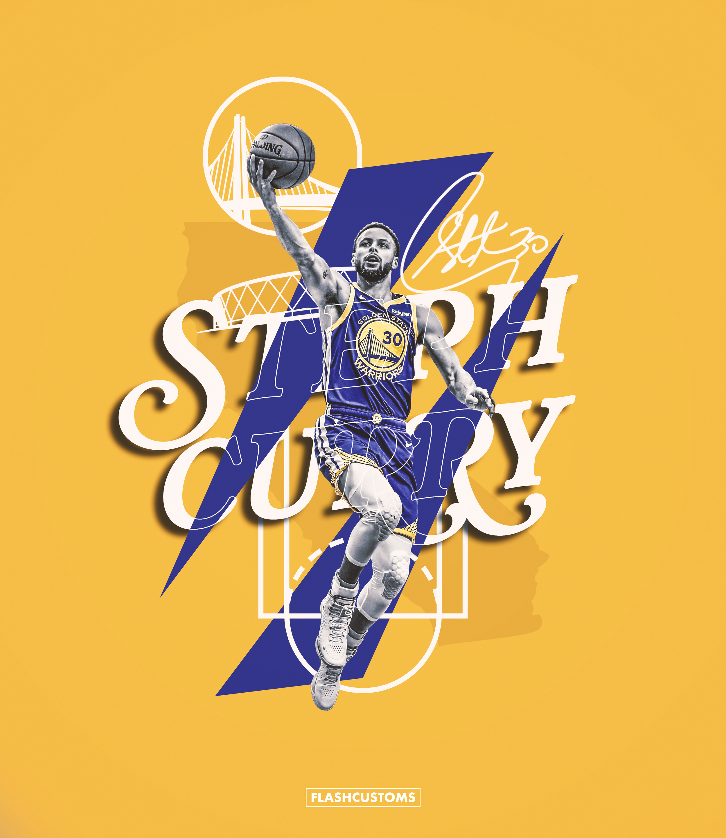 Graphic design featuring basketball player Stephen Curry in Golden State Warriors uniform, holding a basketball with the Golden Gate Bridge silhouette in the background, stylized with yellow and blue color scheme, and text 'Steve Curry' and 'FLASHCUS