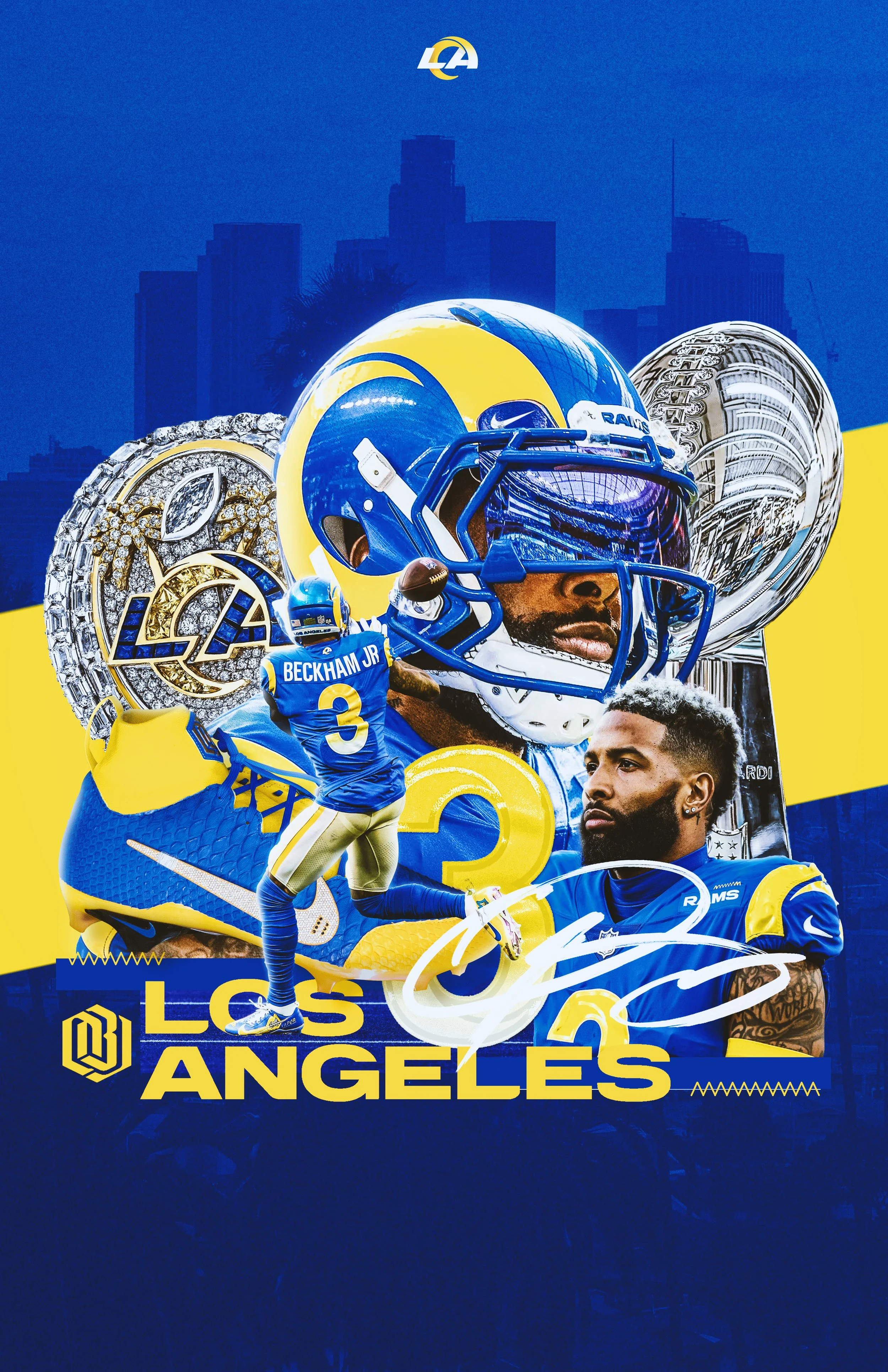 Poster featuring Los Angeles Rams football team with player Cooper Kupp and NFL trophy, city skyline in the background, yellow and blue color theme, and team logo at the top.
