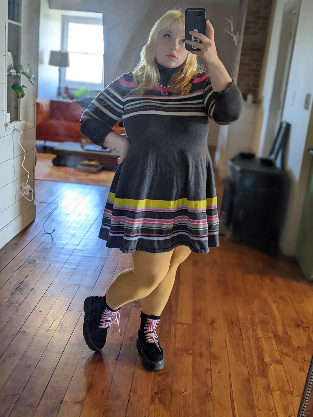 Maeve by Anthropologie Gray, Yellow, Pink, White, & Orange Striped Mock  Neck Long Sleeve Sweater Dress (XL)  Savill's Secondhand