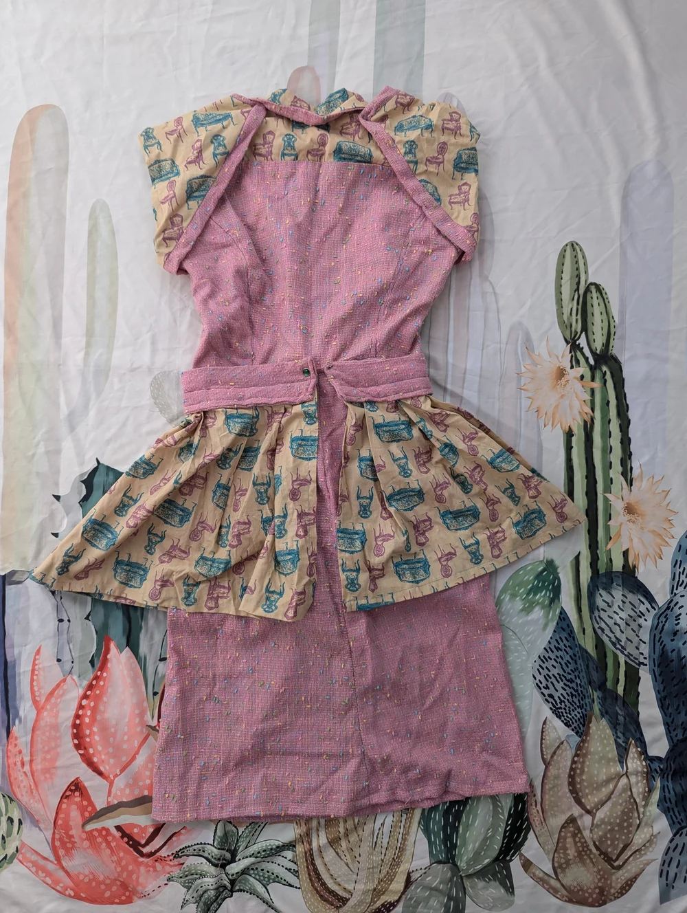 One of a Kind Handmade Pink Tweed Pencil Dress with Detachable Peplum  Victorian Chairs Over Skirt (M)  Savill's Secondhand