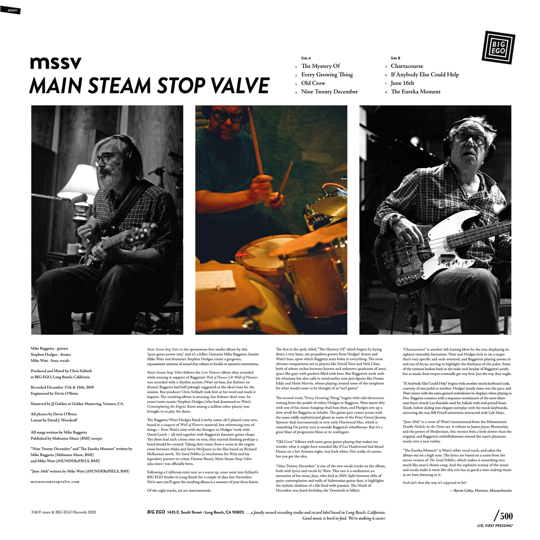 Main Steam Stop Valve (Mike Baggetta, Mike Watt & Stephen Hodges) "MSSV" album back cover with Liner Notes by Byron Coley.
