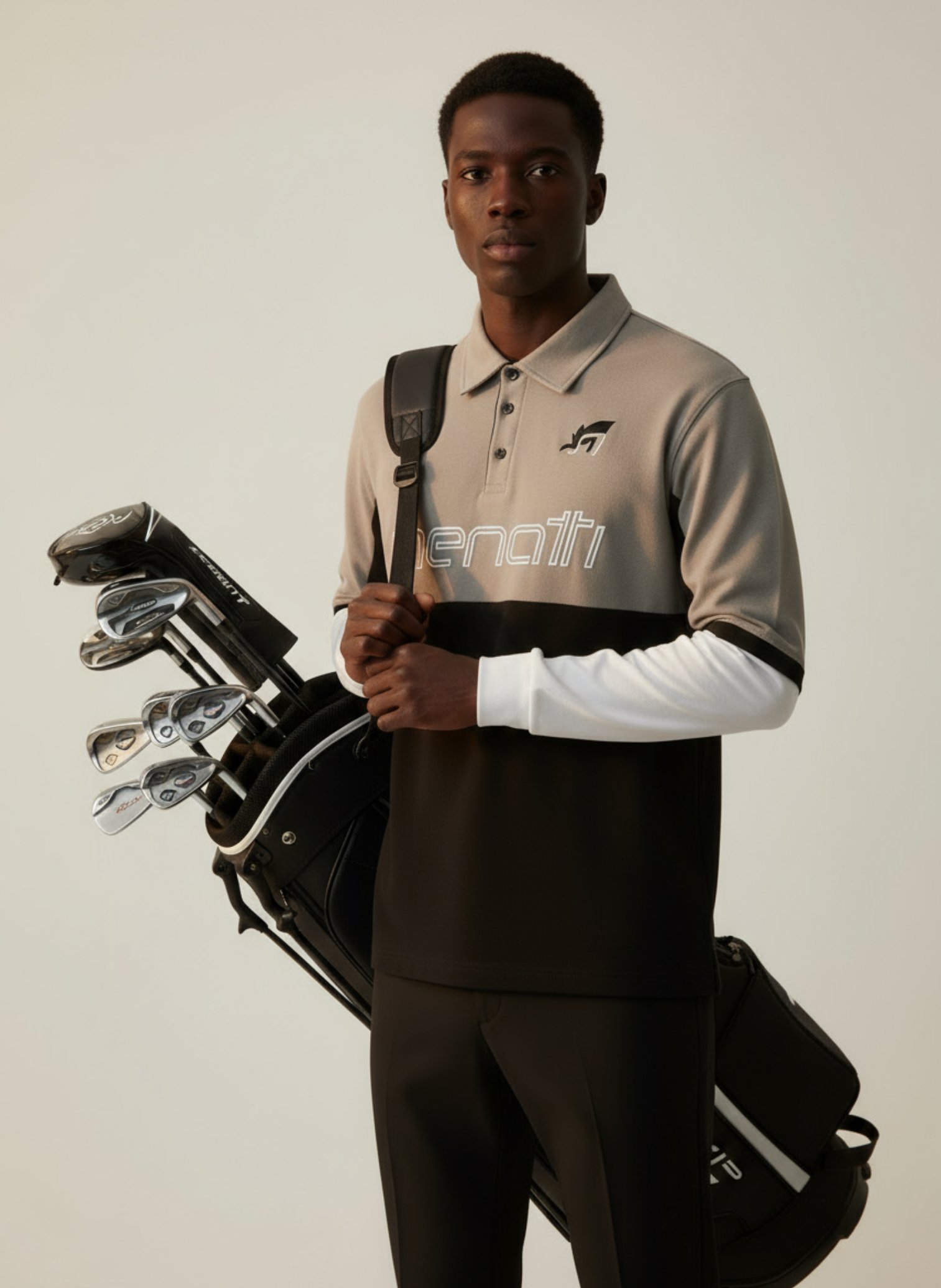 Young man holding a golf bag with clubs, wearing a golf shirt and black pants, posing against a plain background.