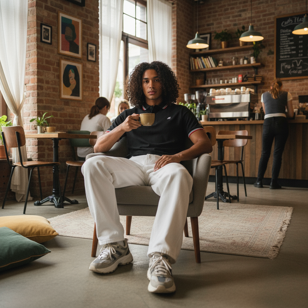 A young man with curly hair sitting in a cafe, holding a cup, with other patrons and a barista in the background.