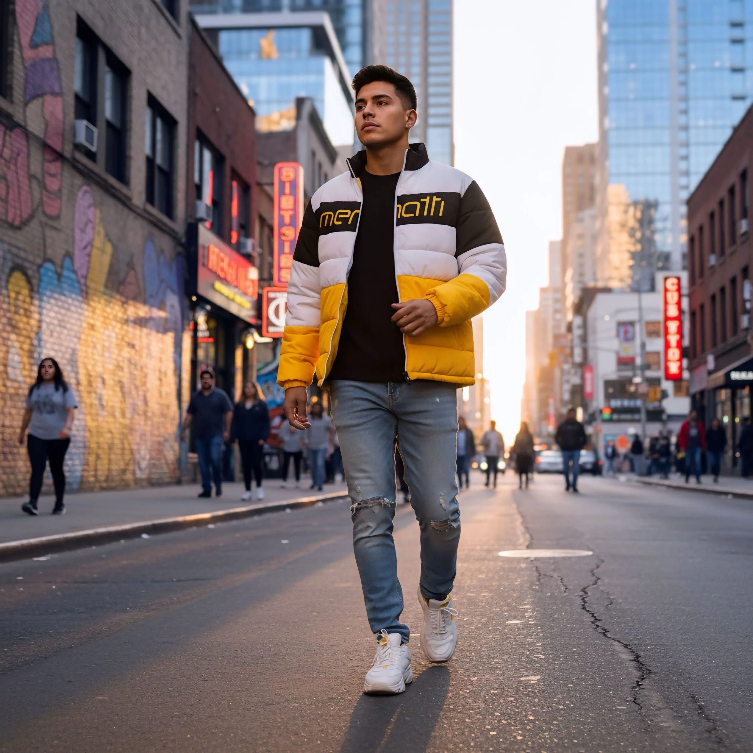 Young man walking on city street at sunset, wearing a black, white, and yellow puffer jacket, ripped jeans, and sneakers.