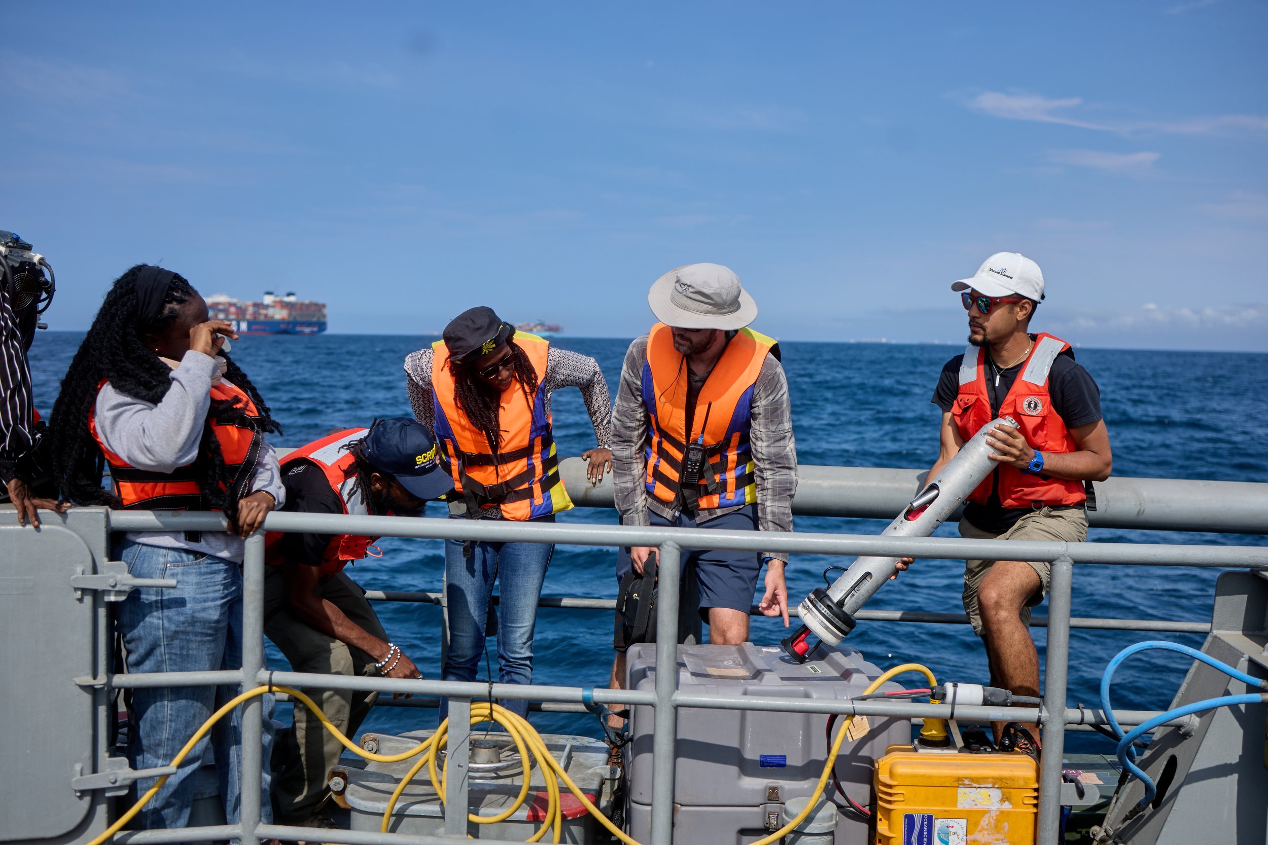 Students at the 2025 Coastal Ocean Environment Summer School in Nigeria and Ghana (COESSING) aboard the GNS Aflao