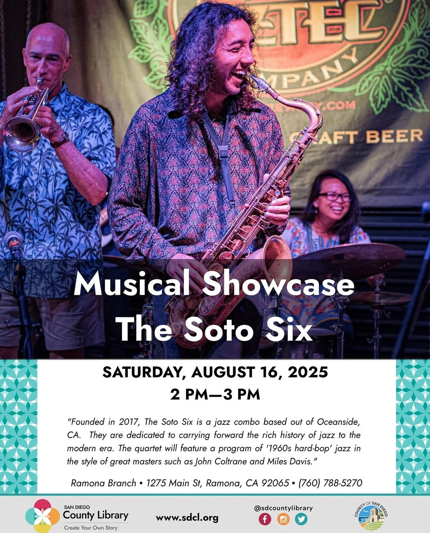 Saturday! Join us @ramonacommunitylibrary for a free/all ages concert from 2-3pm! Don&rsquo;t miss out on a fun afternoon of exciting live jazz!