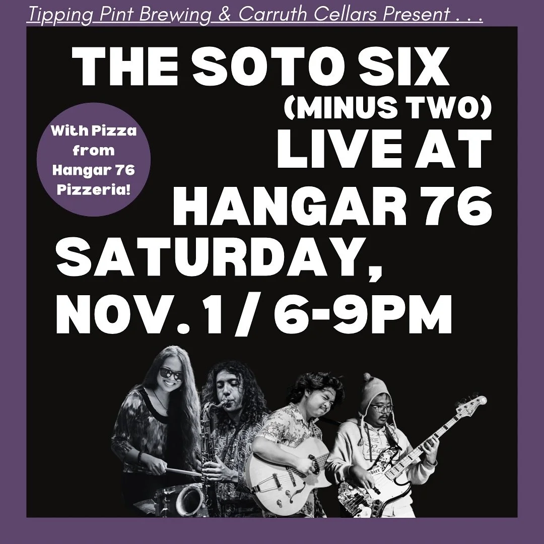We&rsquo;re excited to be back @thehangar76 this Saturday, Nov. 1st bringing the groove! Come hang with us 6-9pm and enjoy some pizza as well as drinks from @carruthcellars &amp; @tippingpintbeer !