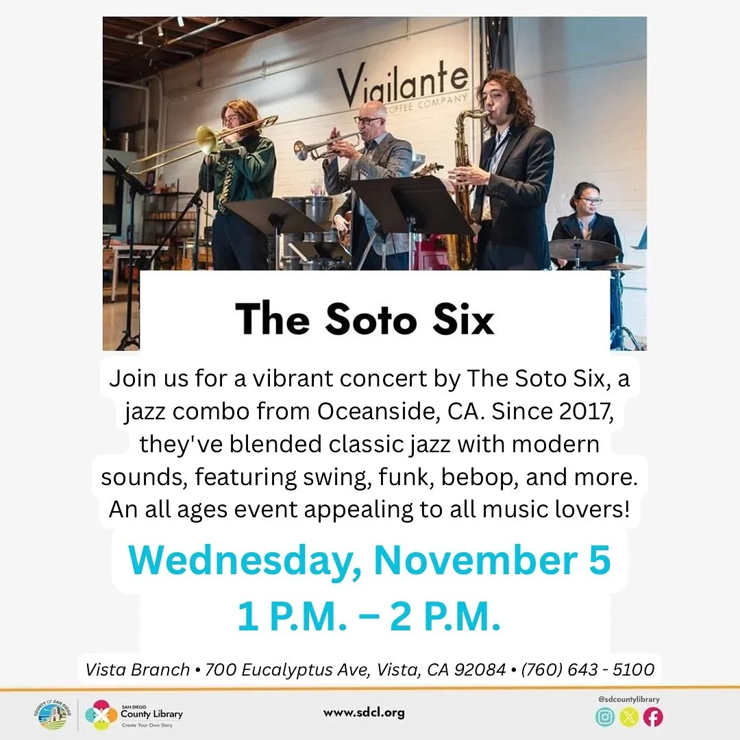 We&rsquo;re excited to return to @vistalibrary this Wednesday 11/5 for a FREE, all ages concert! Join us from 1-2pm for an exciting program featuring fun tunes and a good time for all!