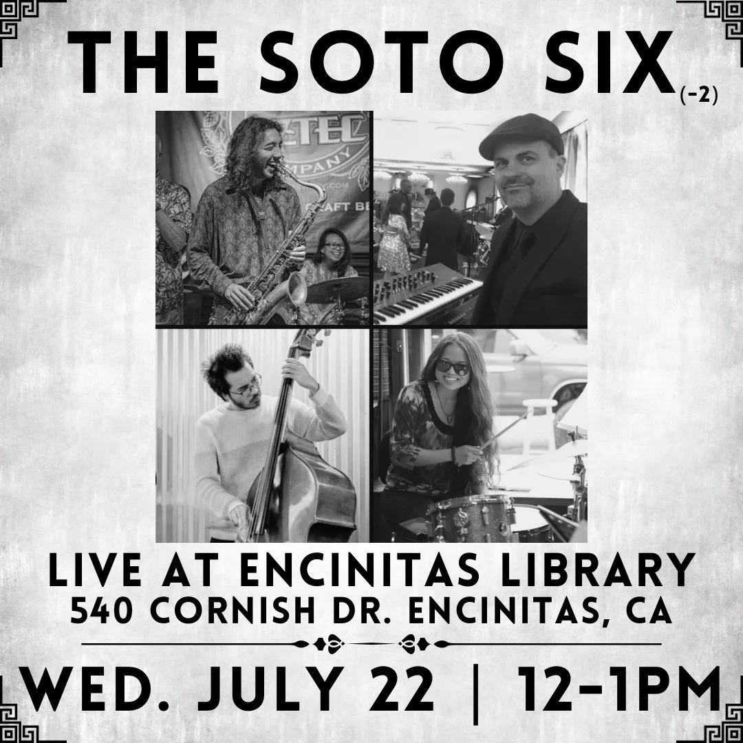 We&rsquo;re looking forward to performing this Wednesday 7/22 @encinitaslibrary from 12-1pm! Join us for an afternoon of original compositions &amp; favorite jazz classics featuring our quartet. FREE/ALL AGES + plenty of parking, seating, air conditi