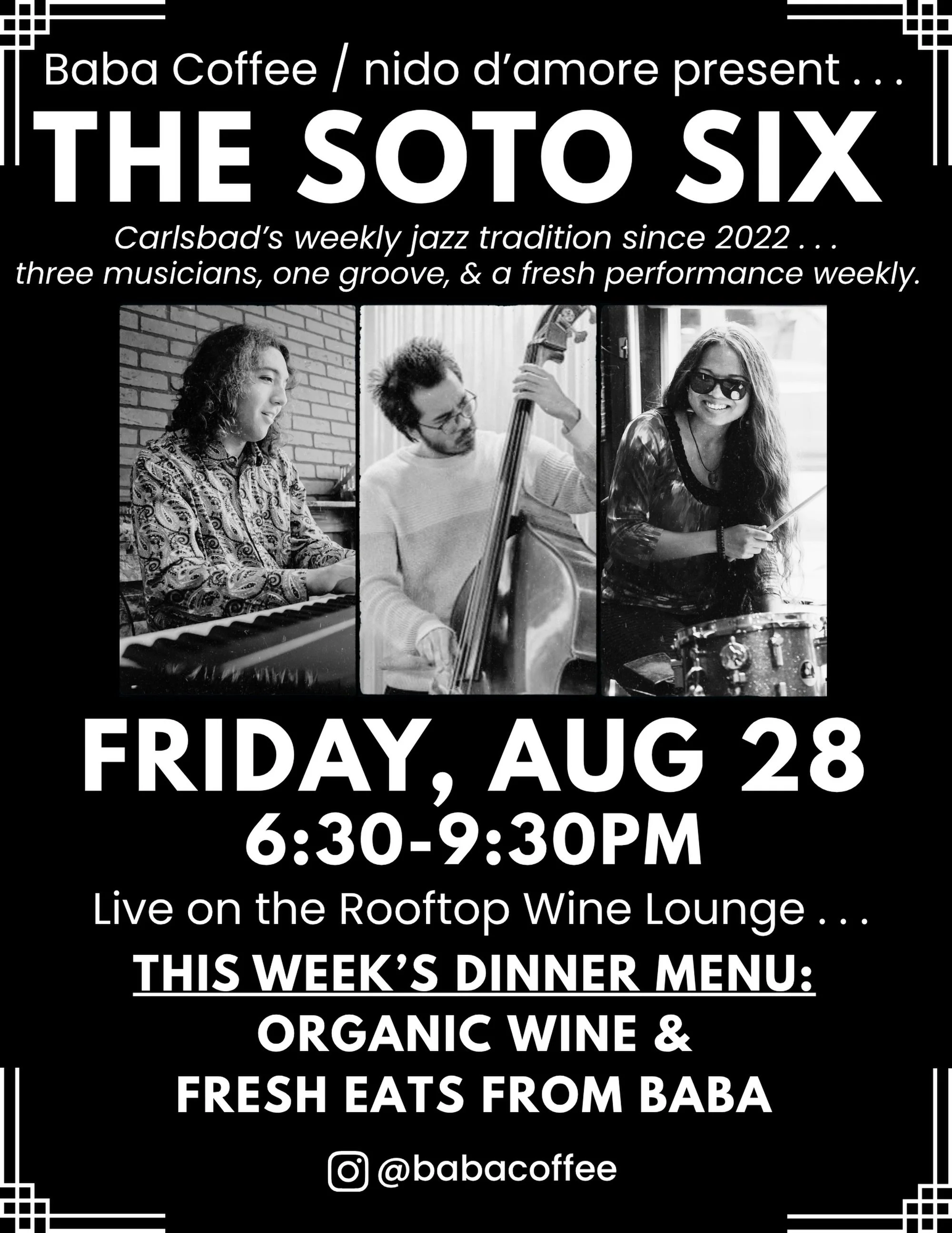 Looking forward to this Friday 9/28 @babacoffee ! Join us from 6:30-9:30pm on the rooftop for tunes, drinks &amp; good vibes. See you there!