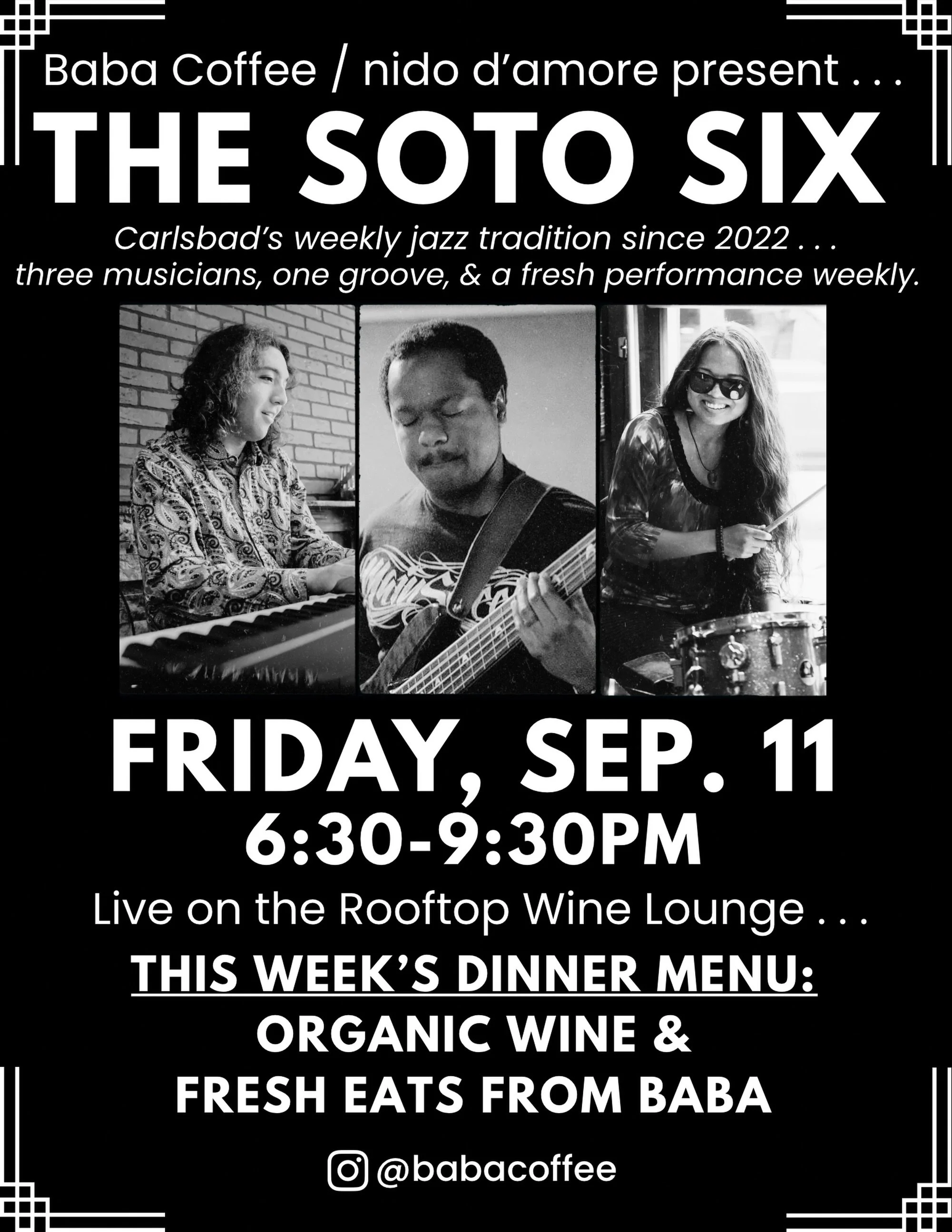 We&rsquo;re back! Join us this Friday Sep. 11 @babacoffee 6:30-9:30pm for tunes, drinks &amp; good weekend vibes. See you there!