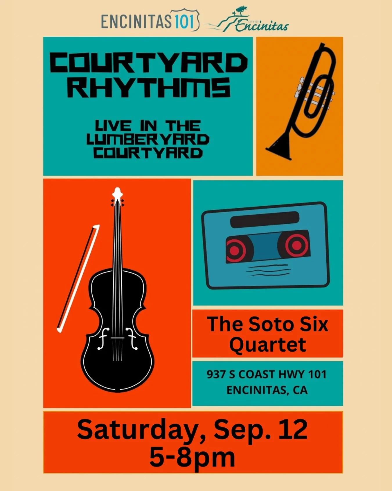 We&rsquo;re looking forward to being back at @shoplumberyard101 in Encinitas this weekend for Courtyard Rhythms! Join us in front of @jojoscreamery this Sat 9/12 from 5-8pm for some groovy tunes. See you there!