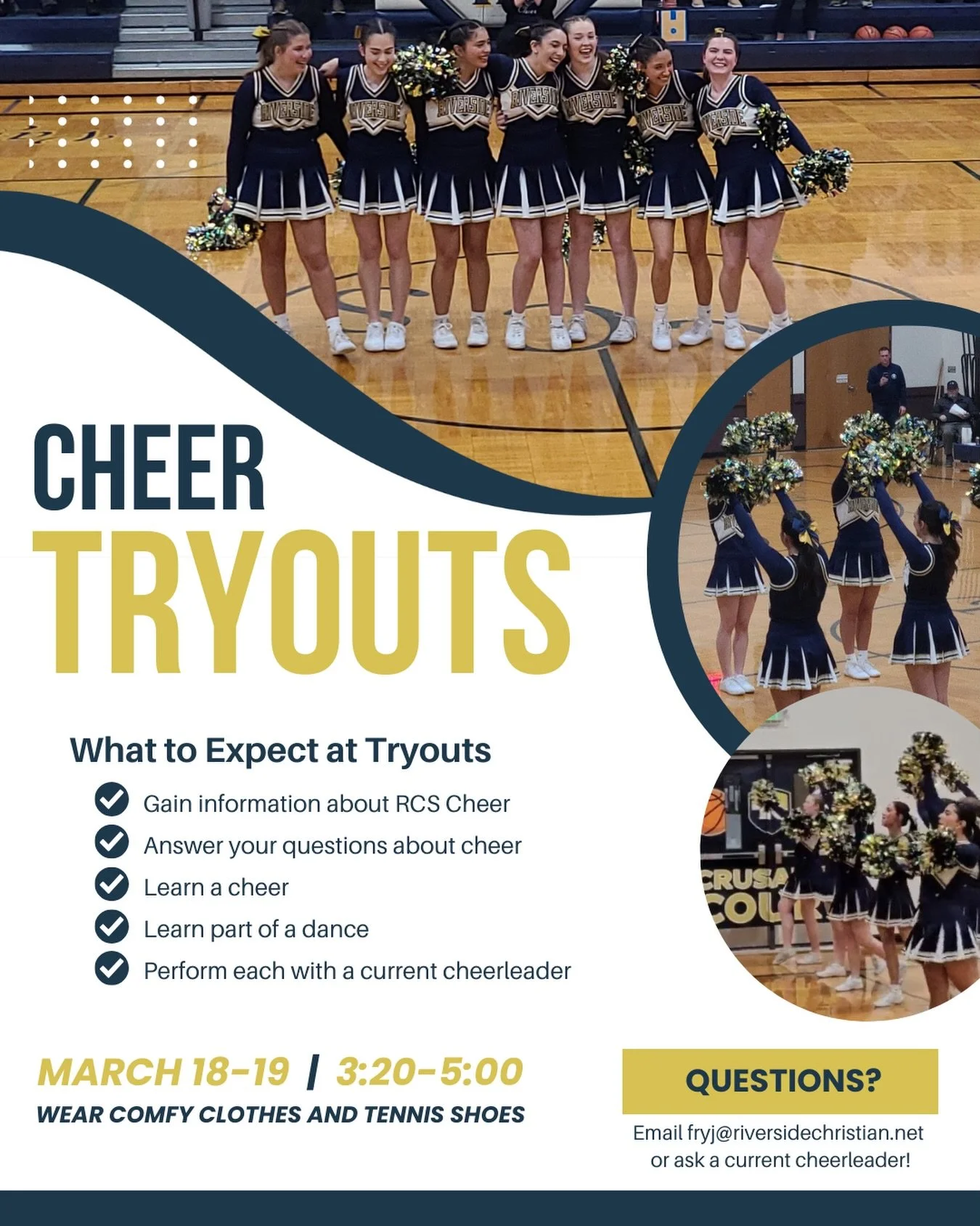 Crusader Cheer is seeking energetic, team-oriented students to join their program! 

Join Coach Fry and our returning cheerleaders for RCS Cheer tryouts March 18 - 19, from 3:20 to 5:00pm, on Van Beek Court! Tryouts are open to students currently enr