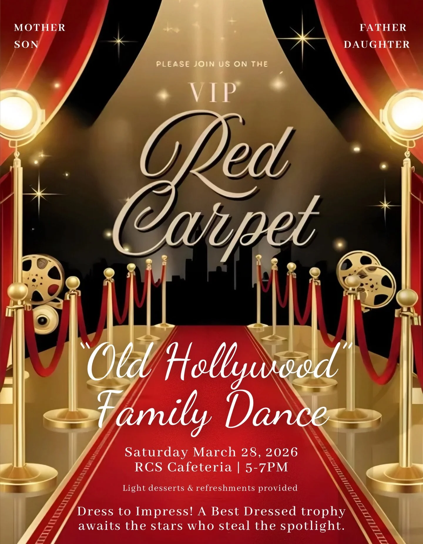 🎬🎞️ SAVE THE DATE 🎞️🎬

Our Family Dance Committee will be rolling out the red carpet for this &ldquo;Old Hollywood&rdquo; themed night of family fun! 

Saturday, March 28th &mdash; 5 to 7 pm
In the RCS Cafeteria

Ticket ordering info to come!