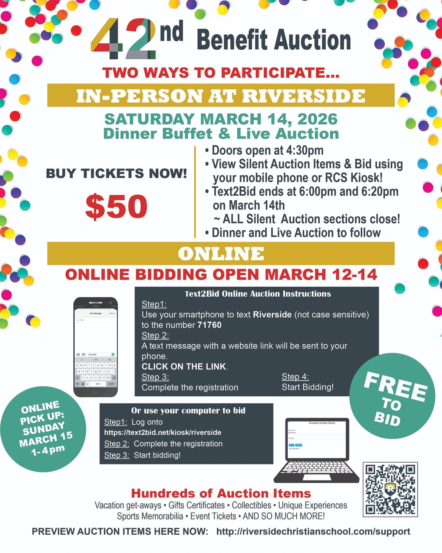 We are a week and half away from our 42nd annual Riverside Christian School Benefit Auction! 

💥All auction items are now uploaded &amp; available to preview online. You can get ahead by creating an account and starting a Wish List before online bid