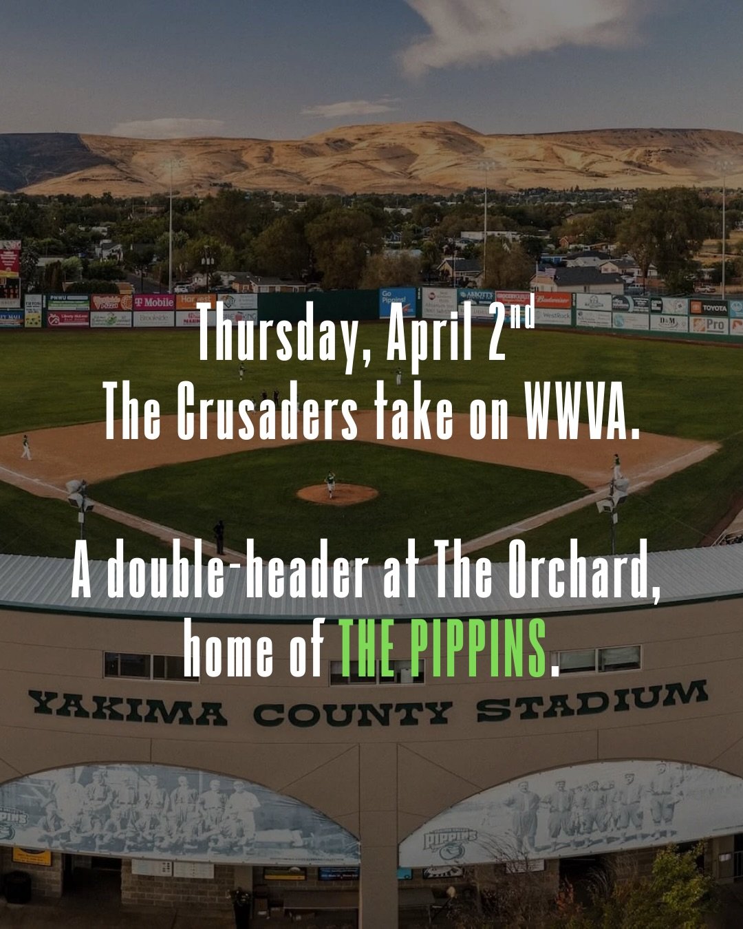 We&rsquo;d love to invite you to bring the whole family out to support our Crusader baseball team at The Orchard&mdash; home of the Yakima Valley Pippins! 

Tuesday, April 2nd RCS will host WWVA for a double-header on the Pippins&rsquo; home field! 

