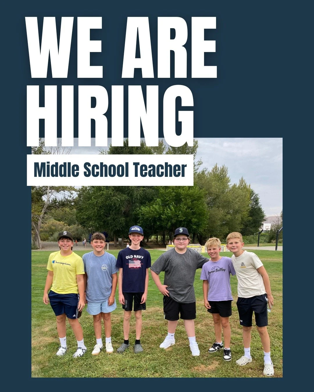 We are seeking a middle school teacher who is ready to invest in the spiritual and academic growth of our 6th, 7th, and 8th grade students! 

If you are interested in applying, please visit www.riversidechristianschool.com/employment-opportunities

Q