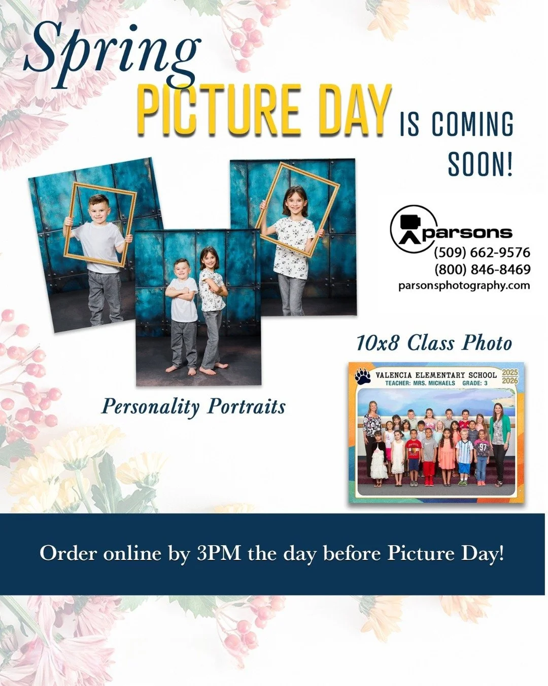 Spring picture day will take place on Wednesday, April 1st!

A class photo will be taken of everyone, but individual spring photos are optional.

Order online by 3 pm on Tuesday, March 31st:
https://shop.imagequix.com/g1001356672