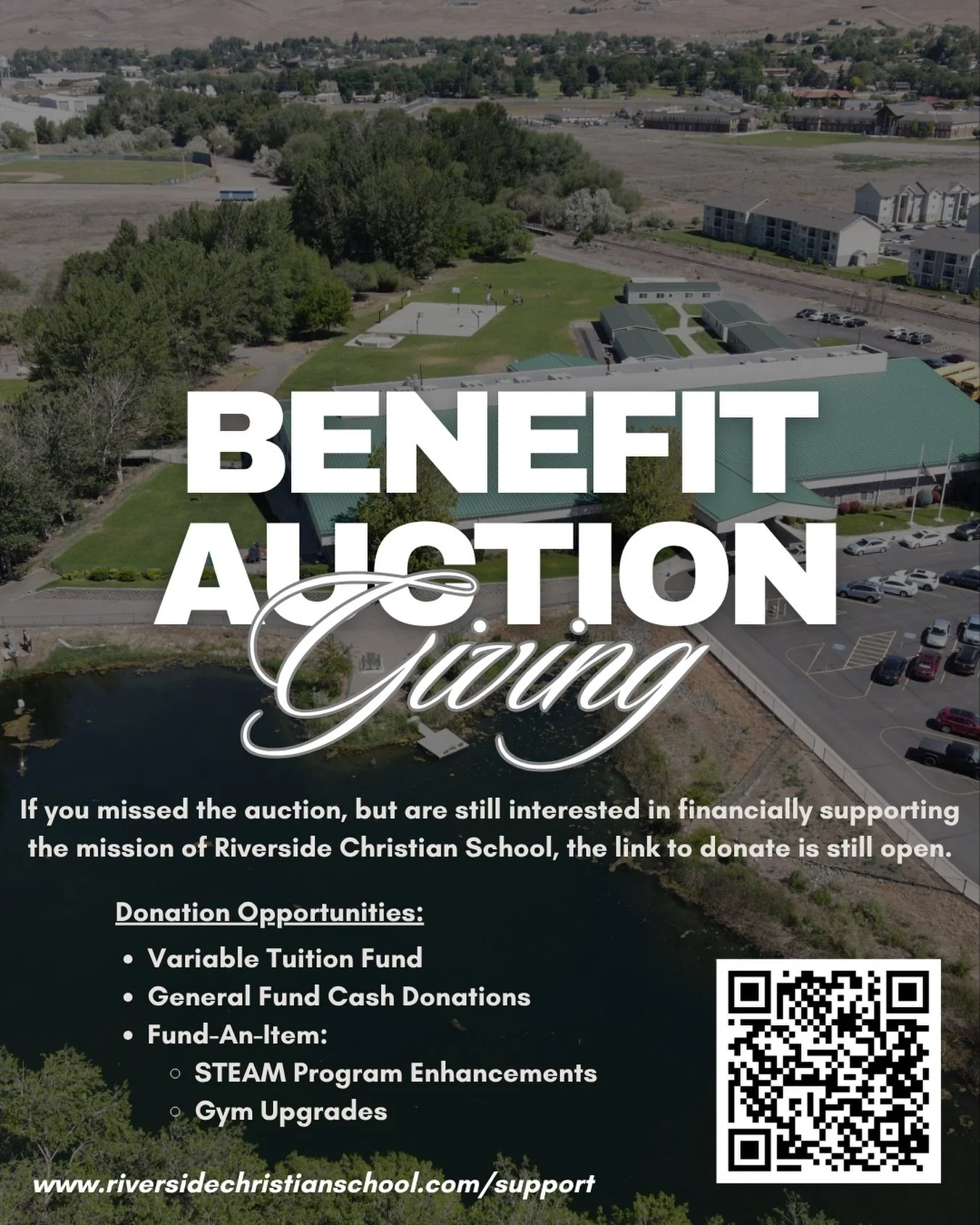 We are incredibly grateful for the generosity of our RCS family &amp; the surrounding community. 

Our auction has wrapped up, but if you are interested in financially supporting the mission of Riverside Christian, our link to donate is still open on