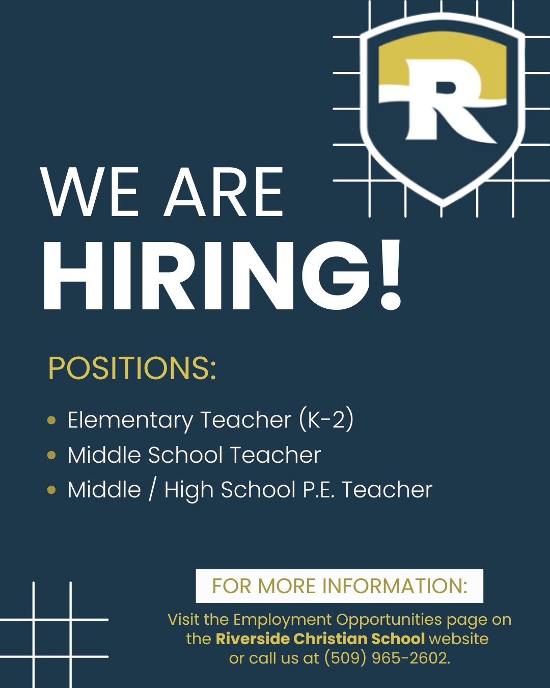 We are looking for teachers who are ready to share their love of Jesus and their gift for teaching with our students! 

Our current positions include: 
-- Elementary Teacher (K-2) 
-- Middle School Teacher
-- Middle / High School P.E. Teacher

If you
