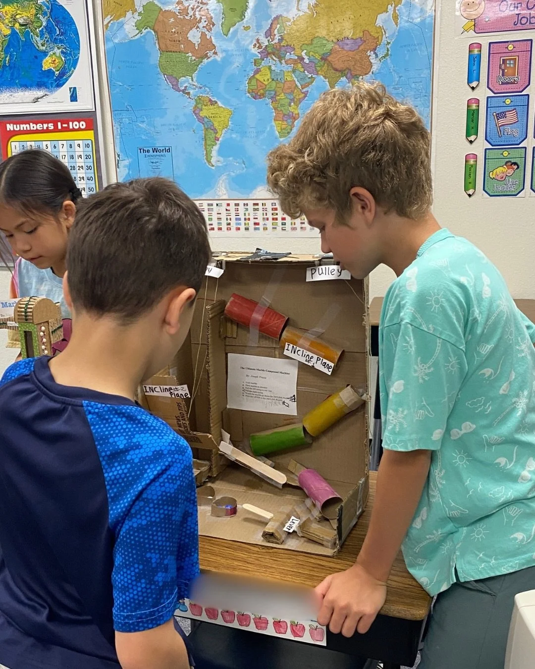 Mrs. Dobie &amp; Mrs. Duffield&rsquo;s 3rd grade engineers have been hard at work! 

Their task was to combine any of the six simple machines:
🛝 Incline Plane
🪓 Wedge
🔩 Screw
✂️ Lever
🛞 Wheel &amp; Axel 
🏗️ Pulley

&hellip; and create their own 