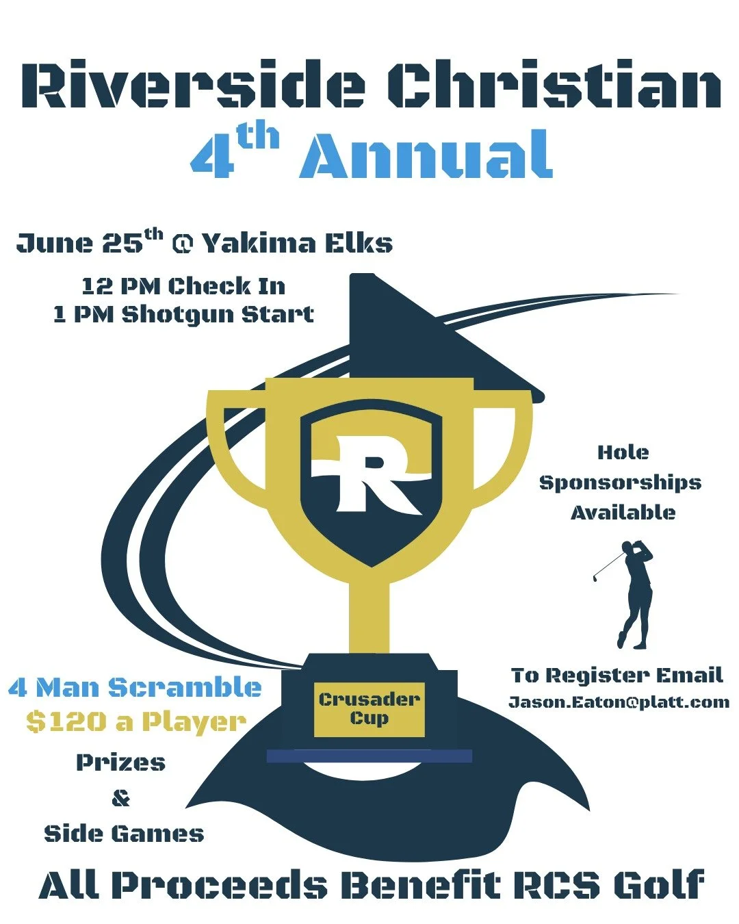 Mark your calendars, golf fans! The 4th annual Riverside Christian Crusader Cup is happening on Thursday, June 25th at the Yakima Elks Golf Course. 

All proceeds from this tournament will support the RCS golf program! 

Please contact RCS Head Golf 