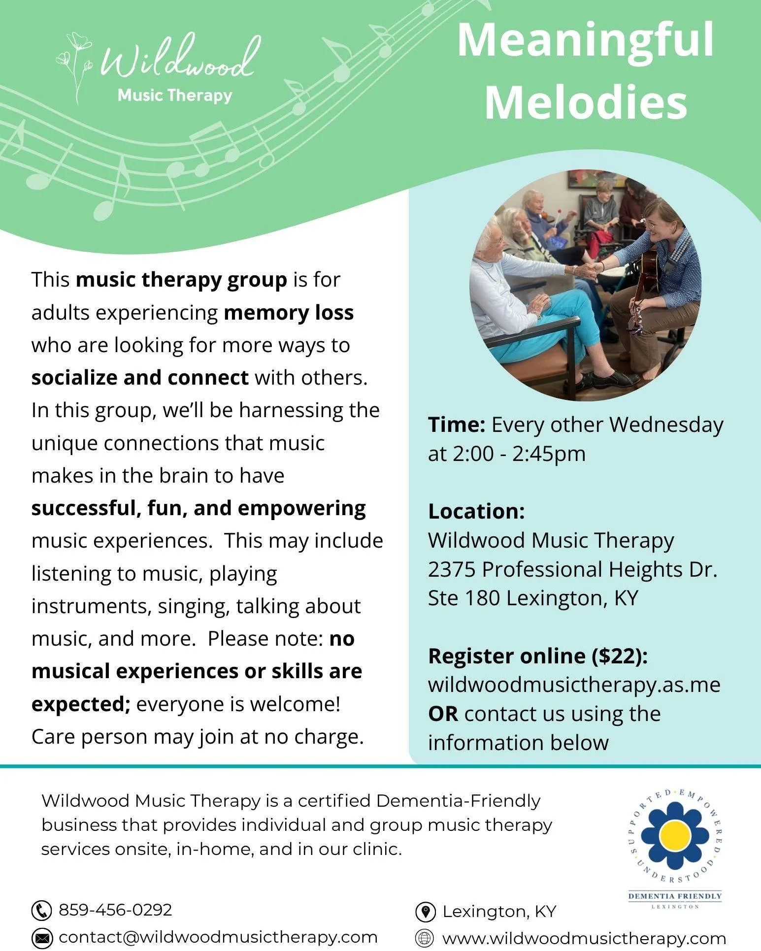 We are really  looking forward to this new program, Meaningful Melodies, a music therapy group for adults experiencing memory loss. This group is designed for adults whose difficulties with memory may impact their ability to socialize, no official di