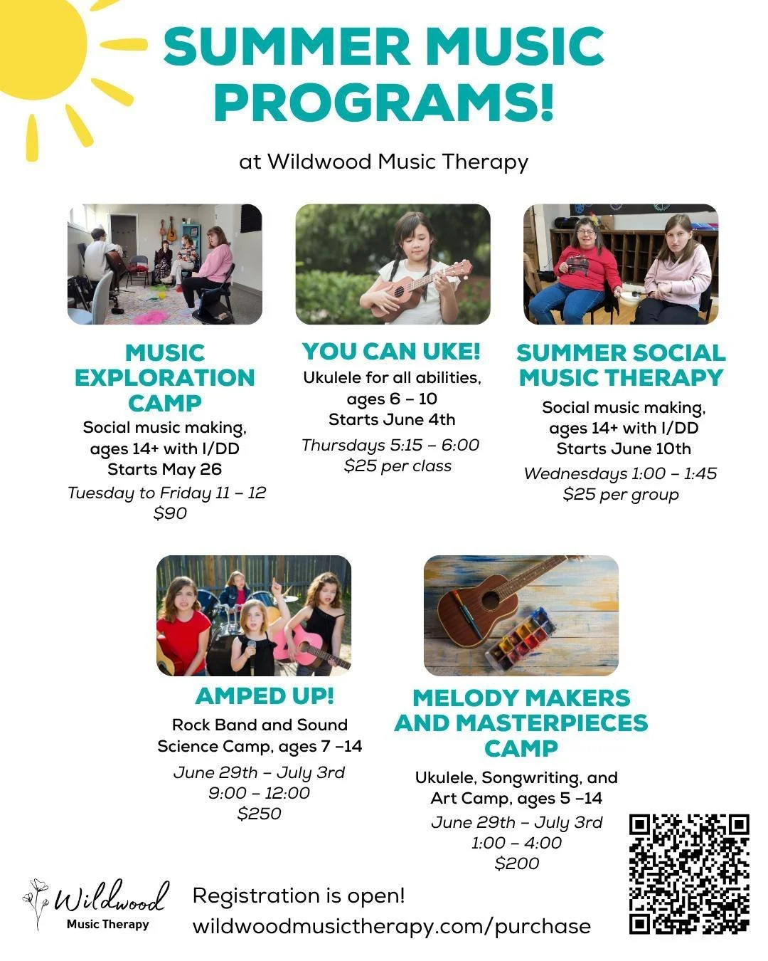 Our first Summer programs are starting in just two weeks!  Sign up or learn more now at: wildwoodmusictherapy.com/purchase

🎵Music Exploration Camp week, May 26th &ndash; May 29th

🎵You Can Uke! Summer series starts Thursday, June 4th

🎵Summer Soc