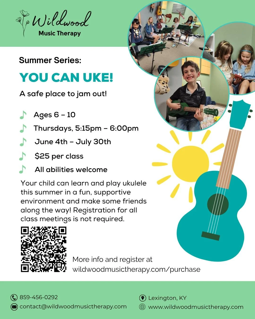 Check it out! 🎵💚 You Can Uke: A safe space to jam out! 🌞🎸

In this group series, student interests and experience levels will guide the planning process so that kids are learning at their own pace using music that they love. It's also a goal for 