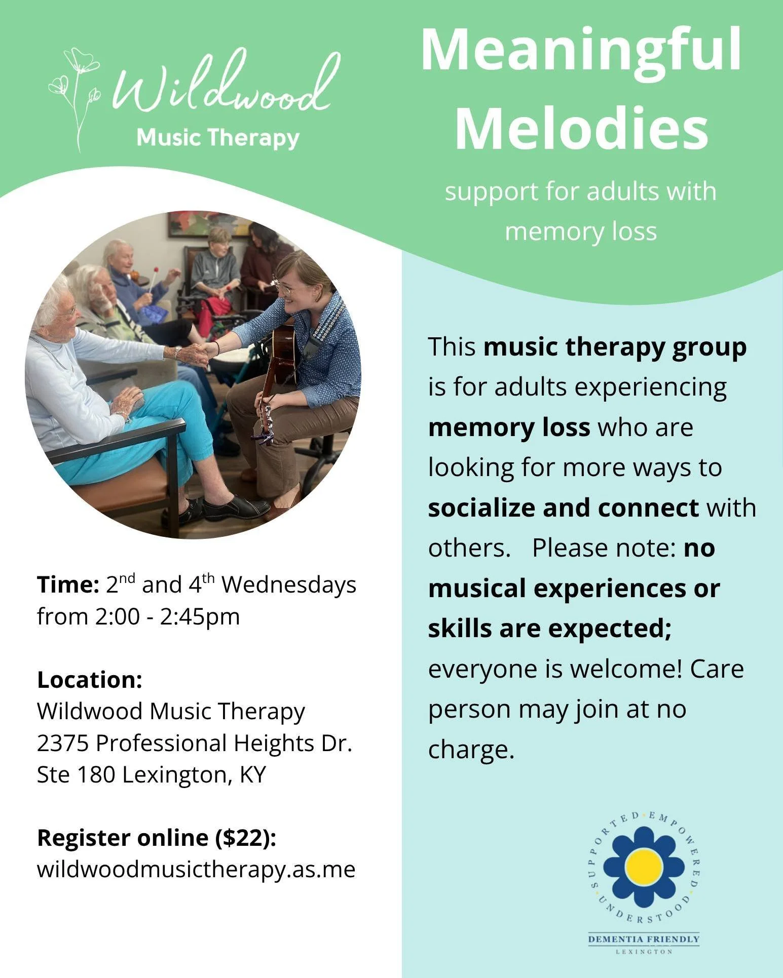 We have a couple of spots open in our Meaningful Melodies group. If you or someone you know is looking for ways to connect to others that is designed with memory loss in mind, we'd love to welcome you to our community! 

https://wildwoodmusictherapy.