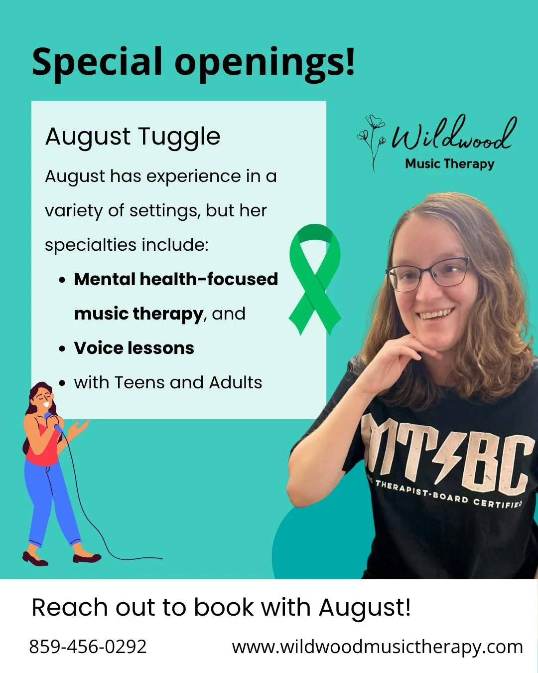Special openings with August Tuggle! 🎤💚

We are so excited that August has recently joined our team, brining her passion for authenticity and self-expression into her work. She is particularly passionate about providing mental health-focused music 