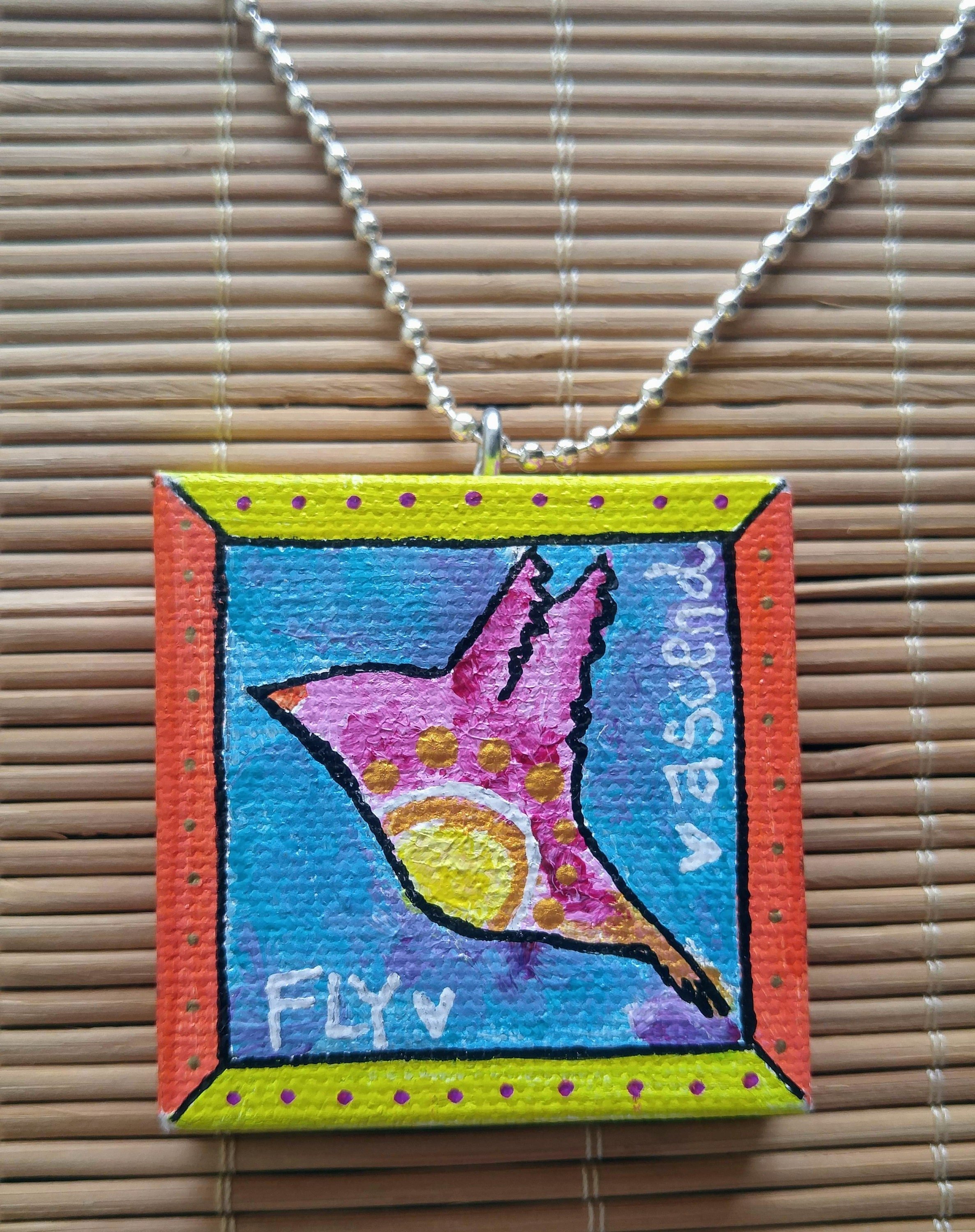 The sky is not the limit, Take flight, Small Acrylic Painted Canvas Necklace