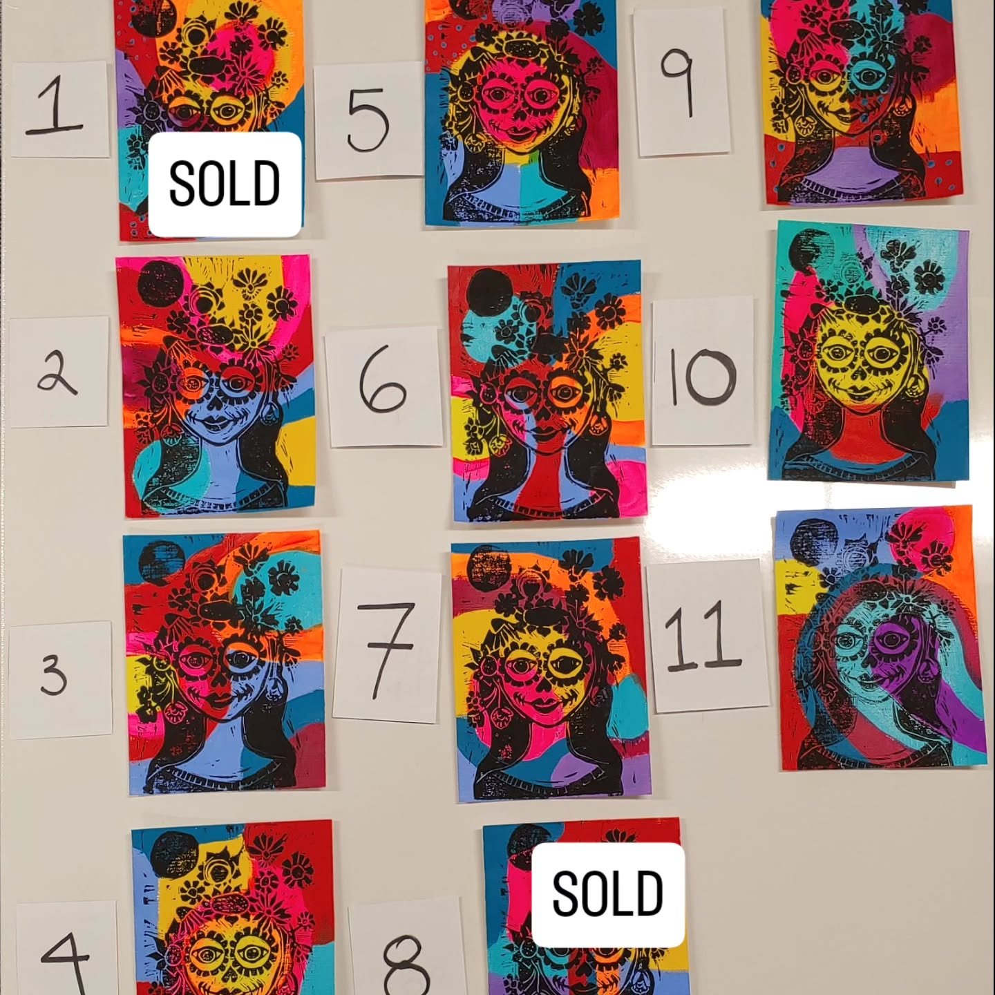 My colorful prints are available for purchase. Painted with bright, bold acrylic paint each print is unique and colorful. I hand drew &ldquo;La Catrina&rdquo; and then carved the design on a linocut to be used for the printing process.&nbsp;

Prints 