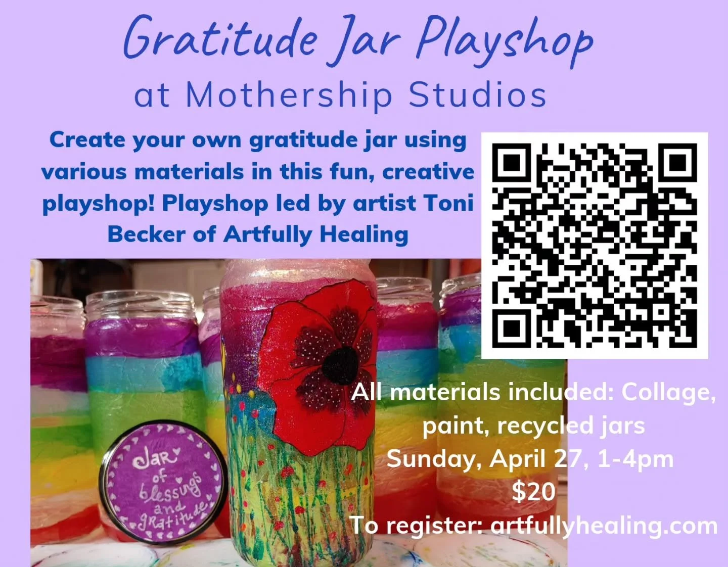 Join me in this one day playshop @mothershipstudioswsnc on April 27th from 1-4pm. 
Come make your own jar using a variety of materials.... Magazines to collage, paint, gems, glitter, tissue paper, stencils, etc. Make an abstract field of flowers lik