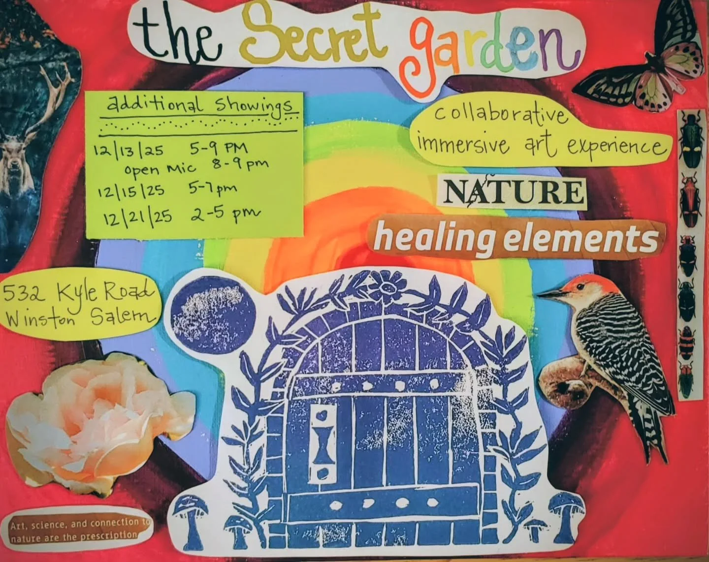 See you this Saturday, 12/13/25 5-9pm
Wash the crazy chaos away and walk through our painted forest. Do you have a piece of poetry, a song, or a short stint of comedy you'd like to share? Open Mic 8-9

Can't make it this Saturday? No worries, here ar