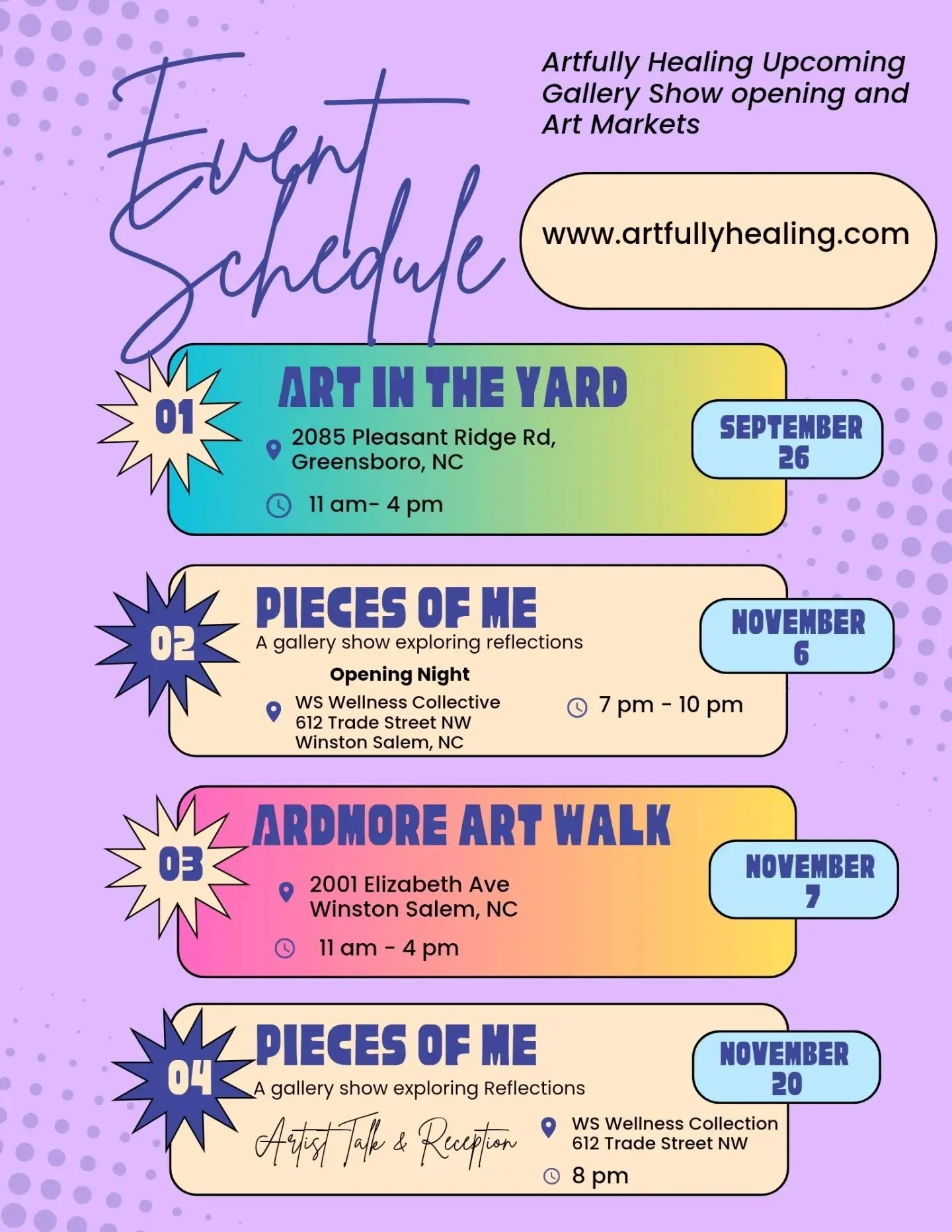 Hey!! Save the date!! Here are my upcoming art markets, gallery show opening date, and the artist talk/reception for the art exhibition, "Pieces of Me," which explores how I see my reflection in the world around me.

These days, I spend mos