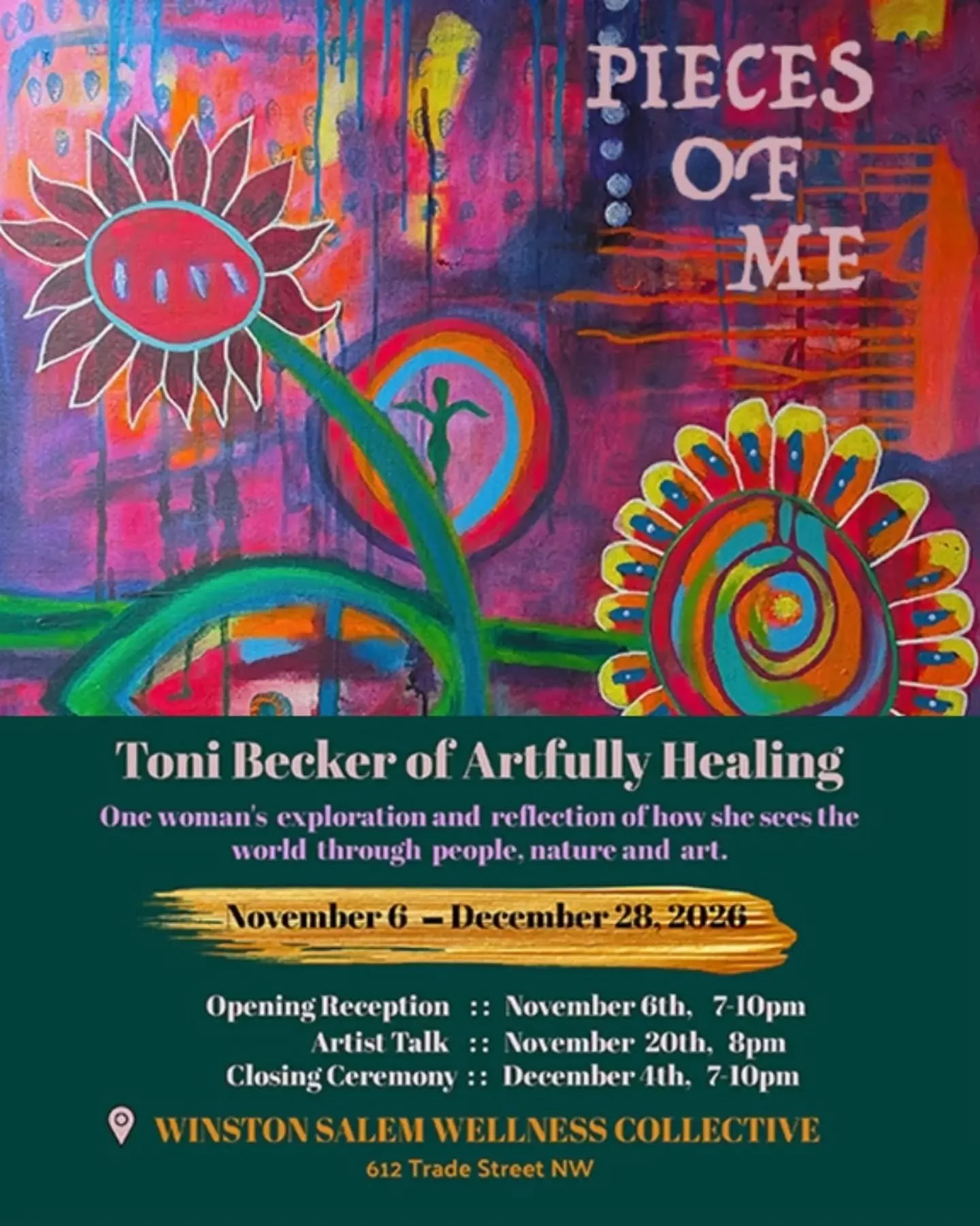 Hello there! Without further ado, I invite you and yours to my art exhibition, "Pieces of Me." She will be lovingly displayed at Winston Salem Wellness Collective at the beginning of November. This art series explores reflection and how I s