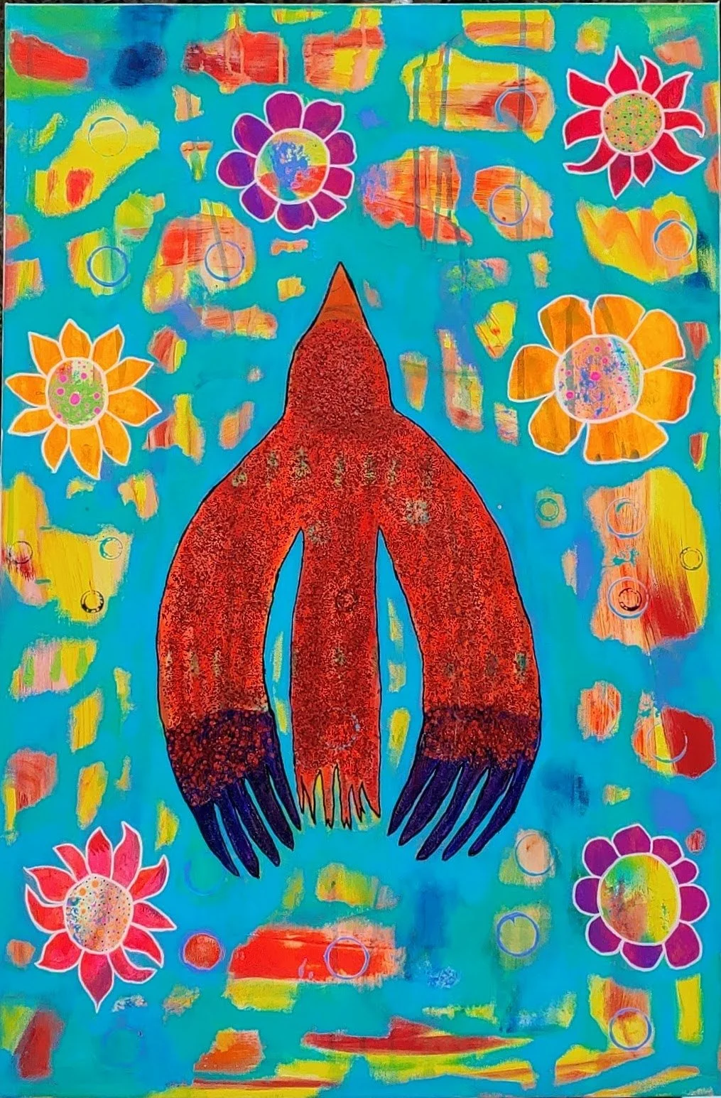 "Thunderbird" ©2026 24x36 Mixed Media, acrylic painting on stretched canvas
Abstract painting with whimsy flowers and a bold, glittery bird flying above and in the midst of the flowers