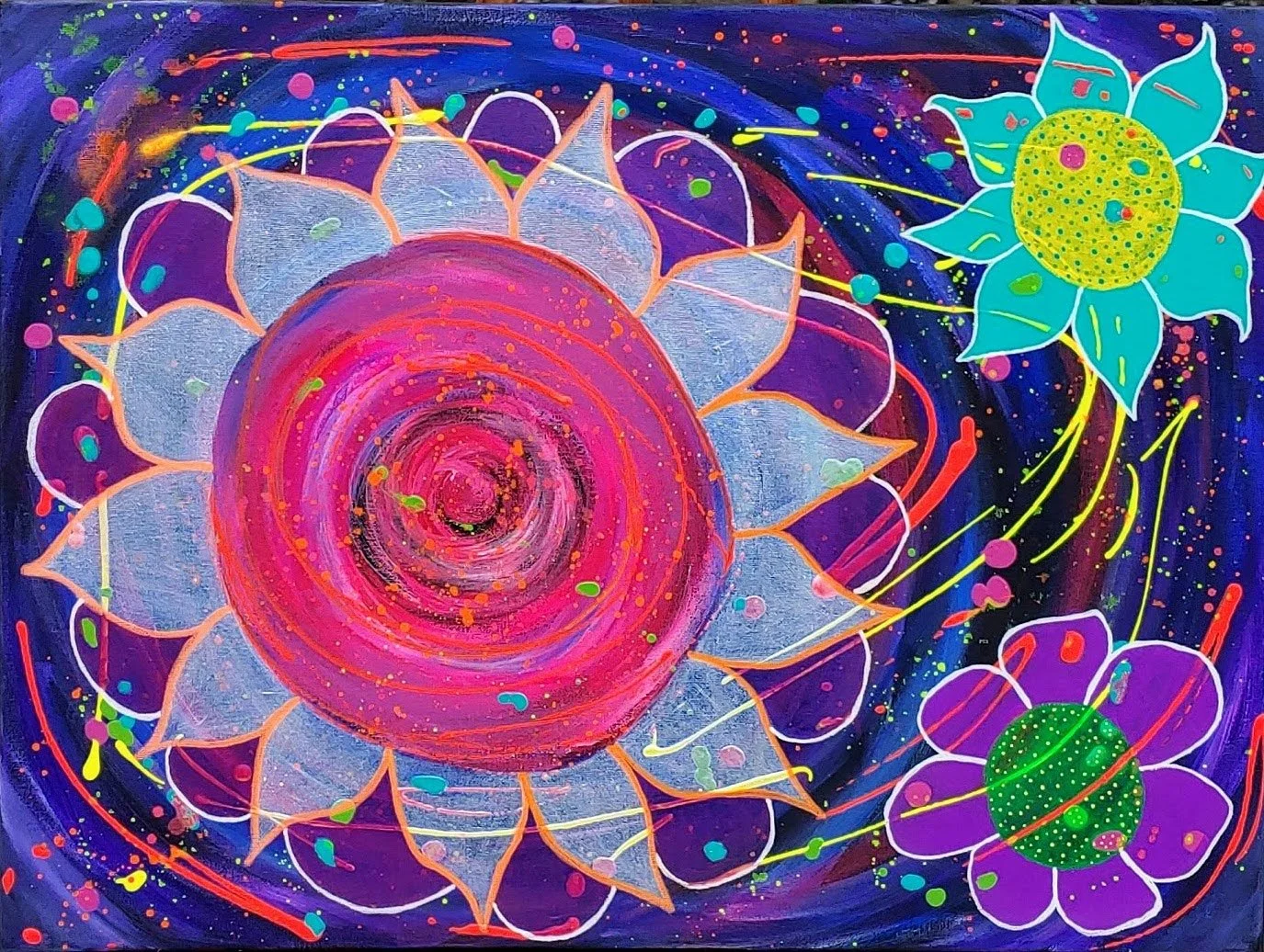 "Floral Conversations" ©2026 18x24 Acrylic painting
A whimsy colorful abstract painting using
bright acrylic paint and incorporating fluorescents